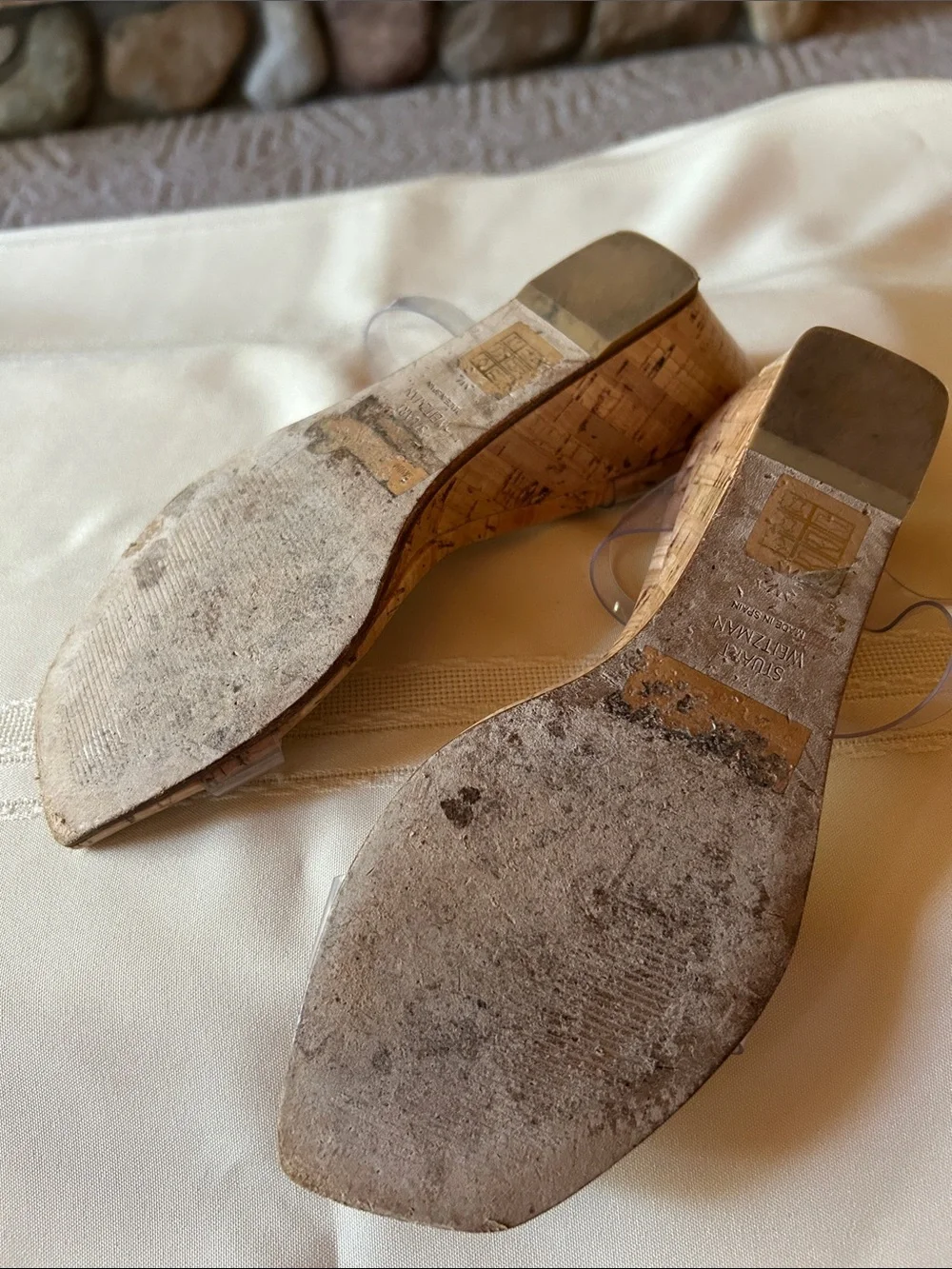 Stuart Weitzman Clear Strap Cork Wedge Sandals - Beige/Cork, Size 7